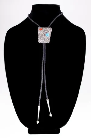 Sterling Silver Signed FS Bolo Tie with Coral and Turquoise Accents