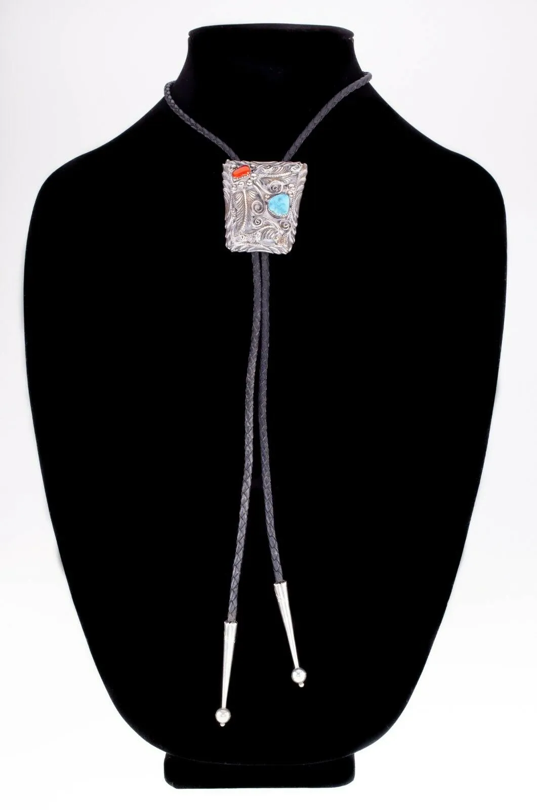 Sterling Silver Signed FS Bolo Tie with Coral and Turquoise Accents