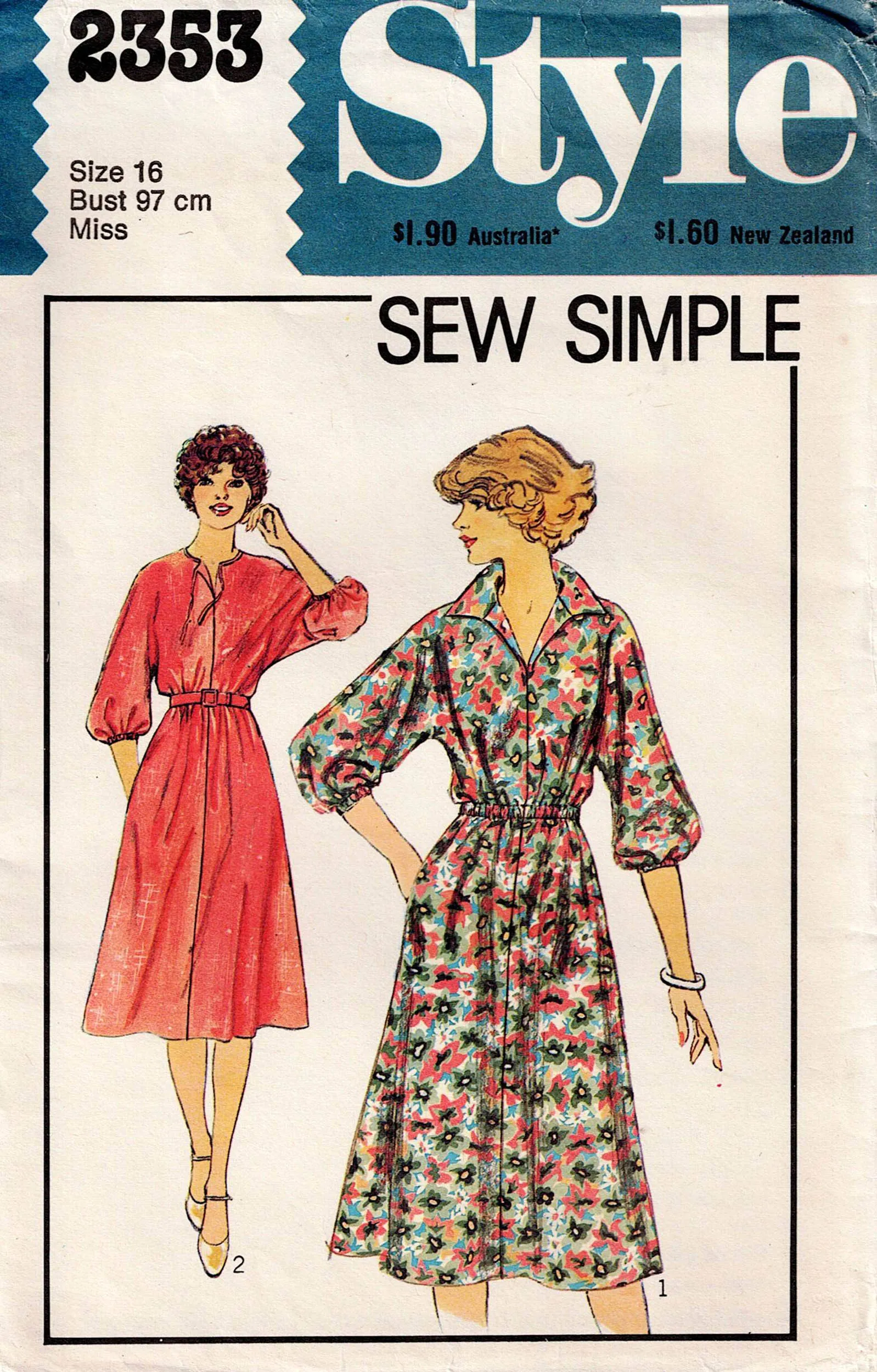Style 2353 Womens EASY Kimono Sleeved Pullover Dress 1970s Vintage Sewing Pattern Size 16 Bust 38 Inches