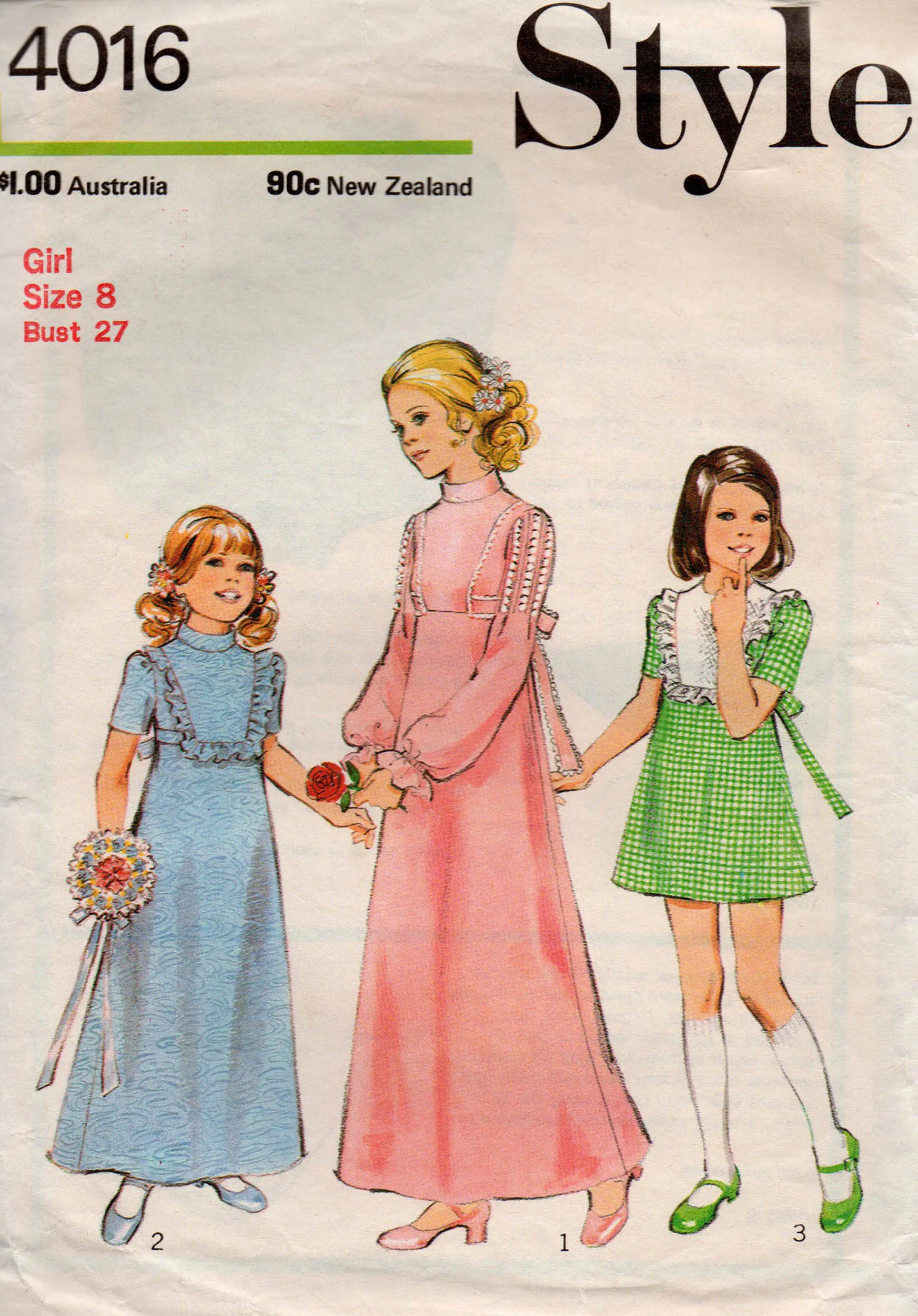 Style 4016 Girls Flower Girl Bridesmaids Dress 1970s Vintage Sewing Pattern Size 8