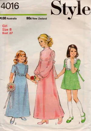 Style 4016 Girls Flower Girl Bridesmaids Dress 1970s Vintage Sewing Pattern Size 8