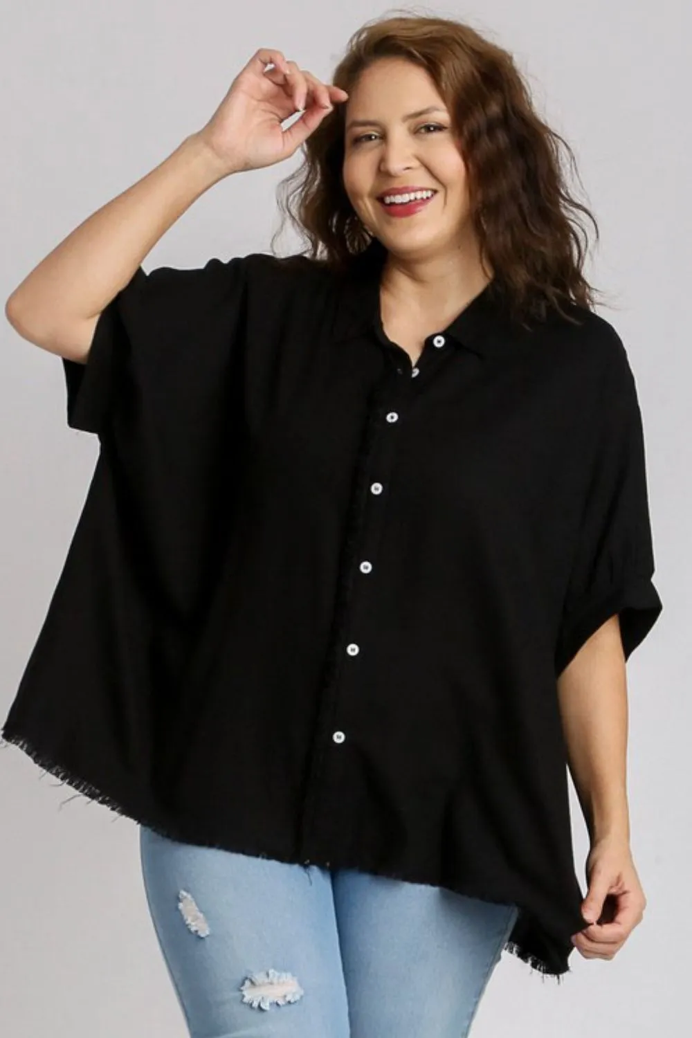 Top Choice Black Linen Blend Button Down Top