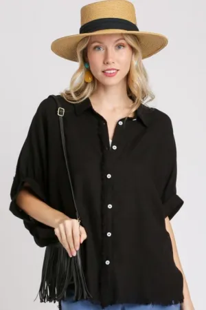 Top Choice Black Linen Blend Button Down Top