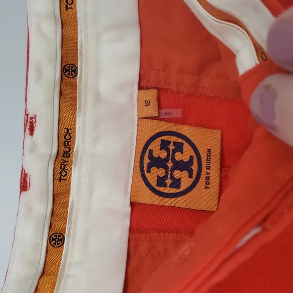 Tory Burch Bold Coral Linen Flat front Shorts Side Pockets Gold Front Button 12