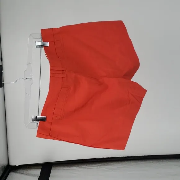 Tory Burch Bold Coral Linen Flat front Shorts Side Pockets Gold Front Button 12
