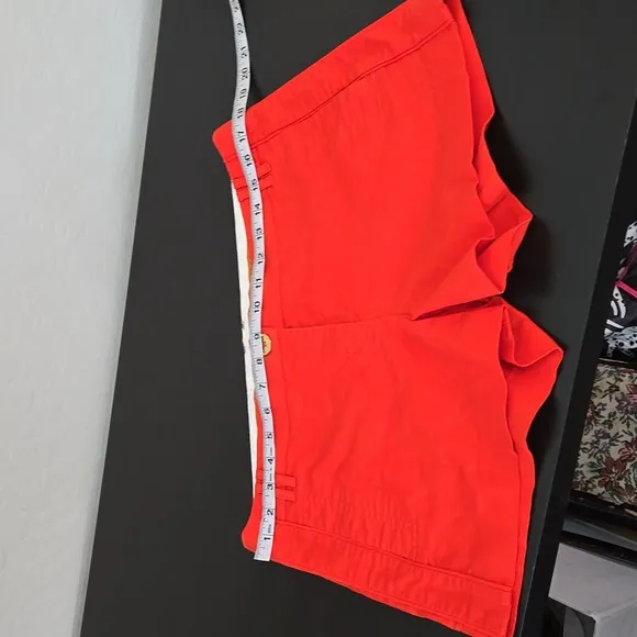 Tory Burch Bold Coral Linen Flat front Shorts Side Pockets Gold Front Button 12