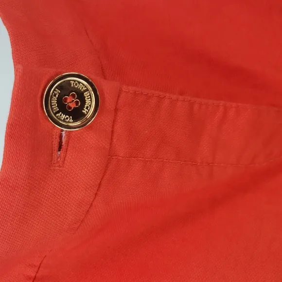 Tory Burch Bold Coral Linen Flat front Shorts Side Pockets Gold Front Button 12
