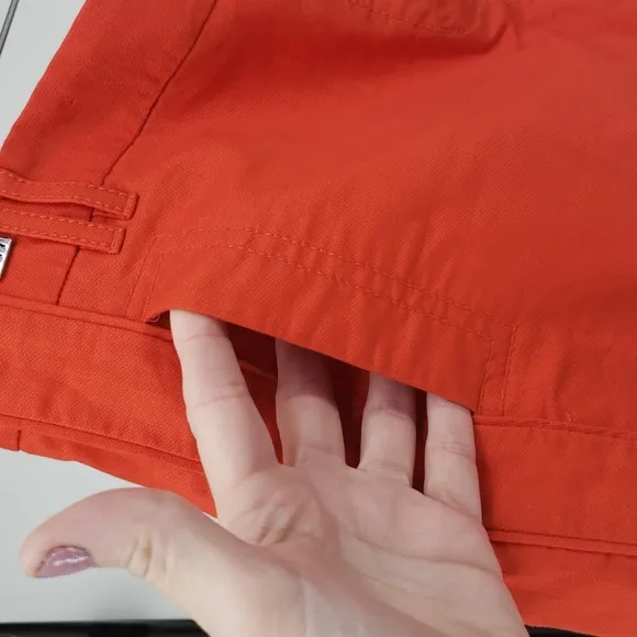 Tory Burch Bold Coral Linen Flat front Shorts Side Pockets Gold Front Button 12