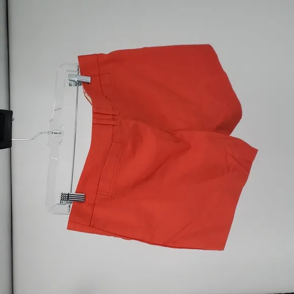 Tory Burch Bold Coral Linen Flat front Shorts Side Pockets Gold Front Button 12