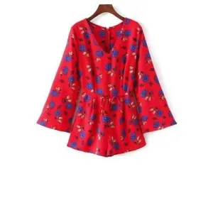 Trendy V-Neck Long Sleeve Floral Print Drawstring Design Women's Playsuit - Red M