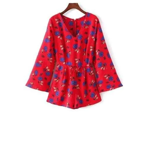 Trendy V-Neck Long Sleeve Floral Print Drawstring Design Women's Playsuit - Red M