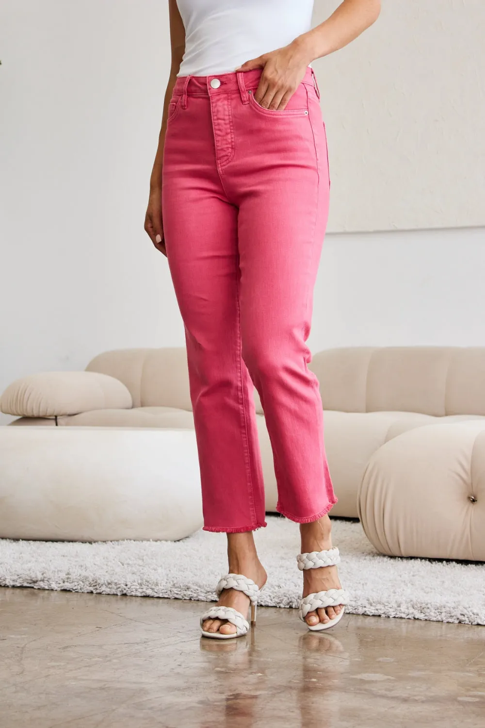 Tummy Control High Waist Raw Hem Jeans