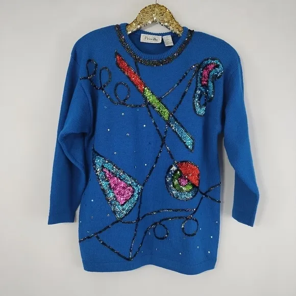 Vintage 80s Priscilla Women's Blue Geometric Acrylic Sweater size Medium Retro