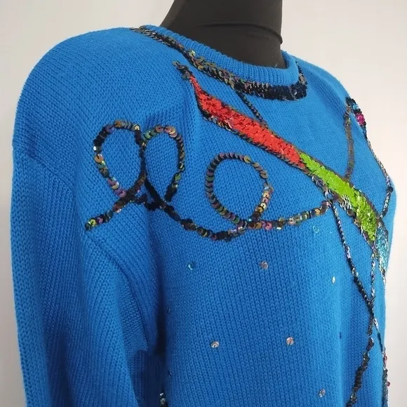Vintage 80s Priscilla Women's Blue Geometric Acrylic Sweater size Medium Retro