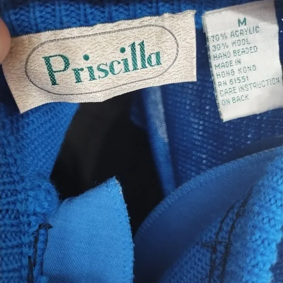 Vintage 80s Priscilla Women's Blue Geometric Acrylic Sweater size Medium Retro