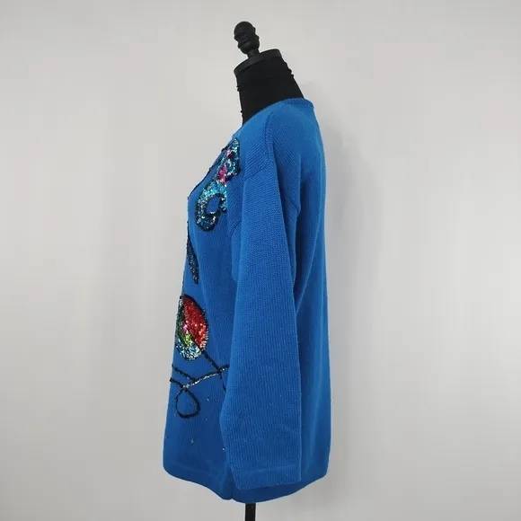 Vintage 80s Priscilla Women's Blue Geometric Acrylic Sweater size Medium Retro