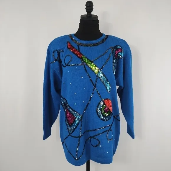 Vintage 80s Priscilla Women's Blue Geometric Acrylic Sweater size Medium Retro