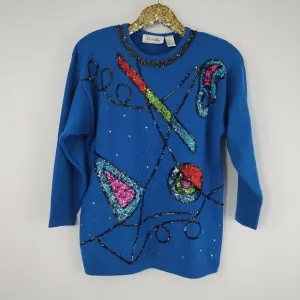 Vintage 80s Priscilla Women's Blue Geometric Acrylic Sweater size Medium Retro