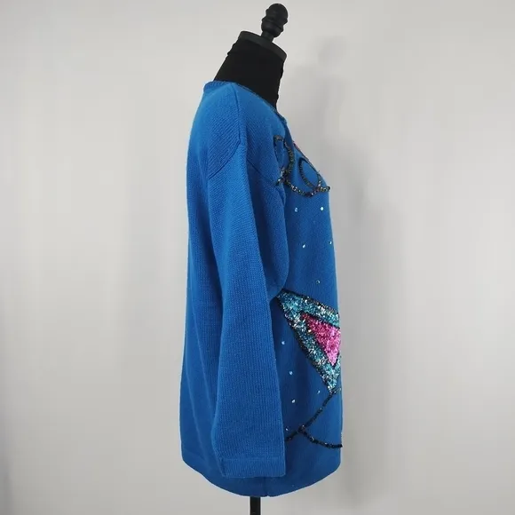 Vintage 80s Priscilla Women's Blue Geometric Acrylic Sweater size Medium Retro