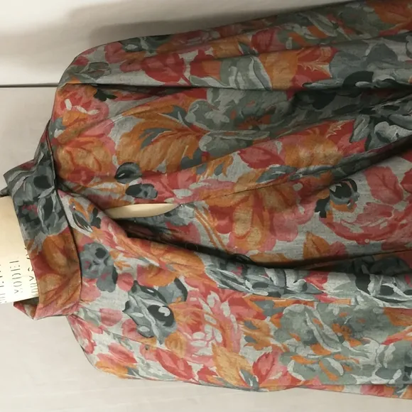 Vintage Caftan Lounge Robe Roses on Gray Weave Pockets Modest Loungewear Maxi OS
