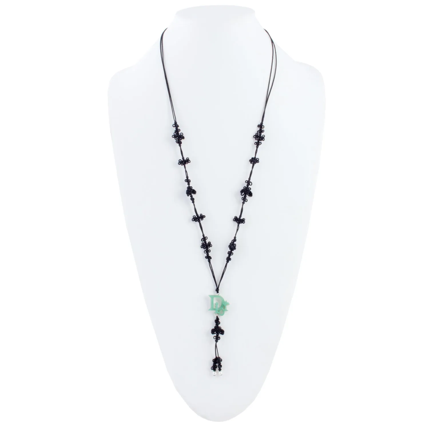 Vintage Jade Dior Necklace on Nylon Lariat Necklace with Seed Pearls