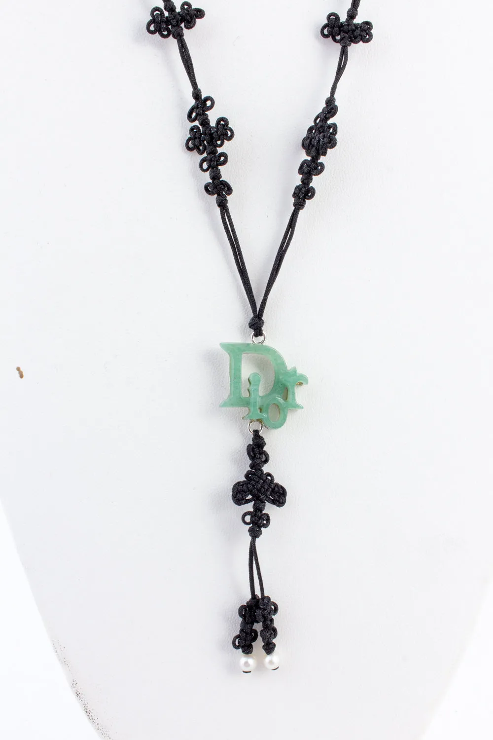 Vintage Jade Dior Necklace on Nylon Lariat Necklace with Seed Pearls