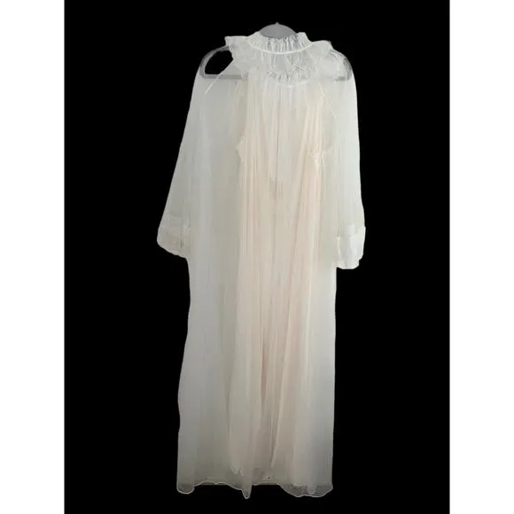 Vintage Miss Elaine Nightgown Peignoir Set •L• Sheer Long Flowy Bridal Robe USA