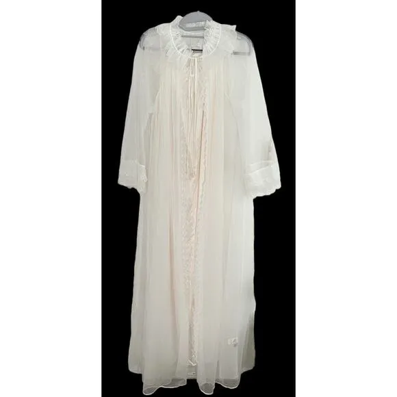 Vintage Miss Elaine Nightgown Peignoir Set •L• Sheer Long Flowy Bridal Robe USA