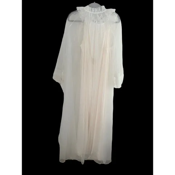 Vintage Miss Elaine Nightgown Peignoir Set •L• Sheer Long Flowy Bridal Robe USA