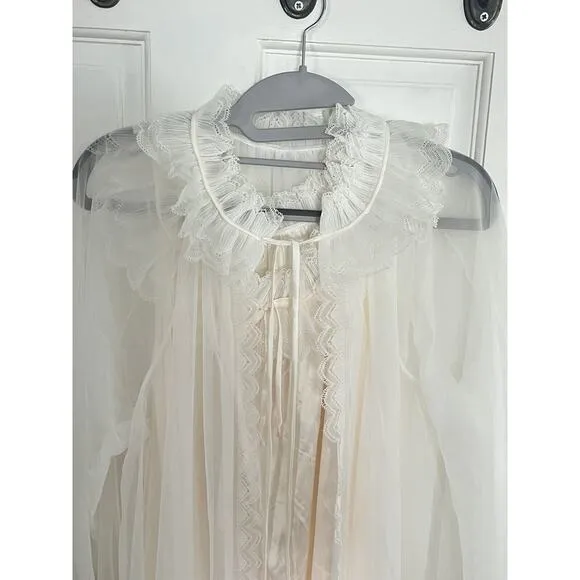 Vintage Miss Elaine Nightgown Peignoir Set •L• Sheer Long Flowy Bridal Robe USA