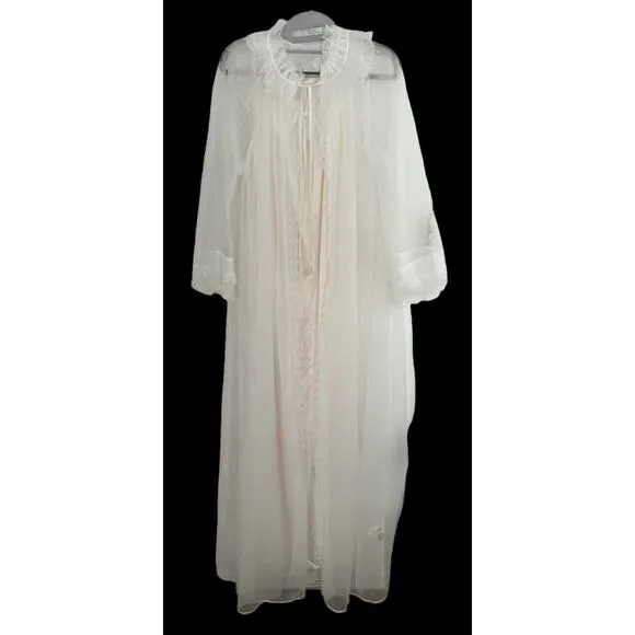 Vintage Miss Elaine Nightgown Peignoir Set •L• Sheer Long Flowy Bridal Robe USA