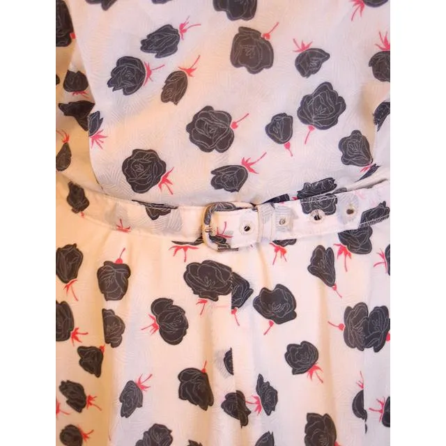 Vintage Nylon Day Dress Black Rose Print 1950S 38-28-Free Easy Care