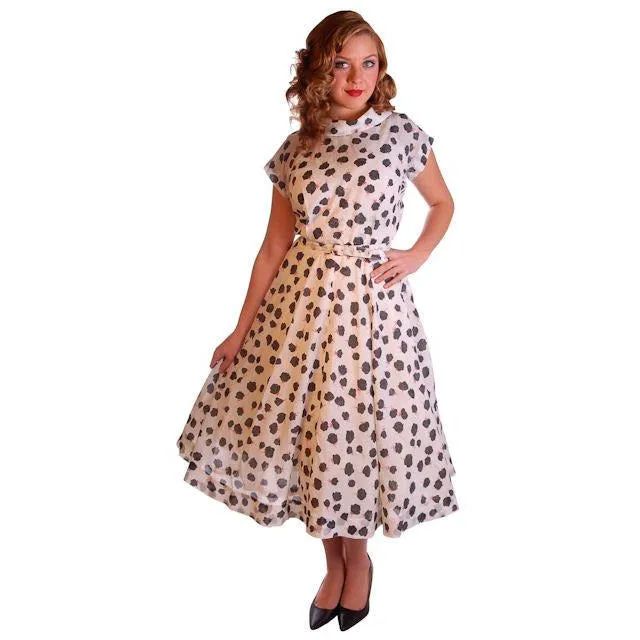 Vintage Nylon Day Dress Black Rose Print 1950S 38-28-Free Easy Care