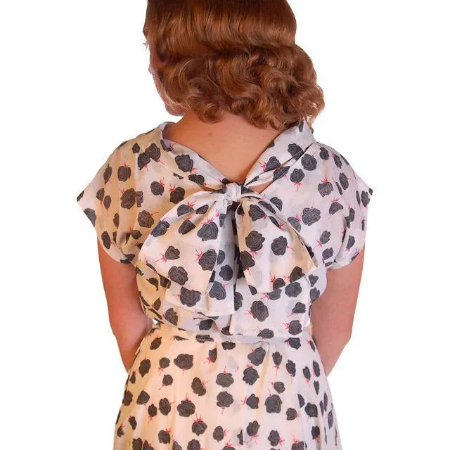 Vintage Nylon Day Dress Black Rose Print 1950S 38-28-Free Easy Care