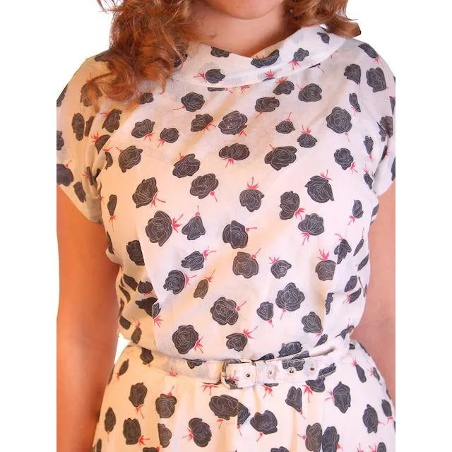 Vintage Nylon Day Dress Black Rose Print 1950S 38-28-Free Easy Care