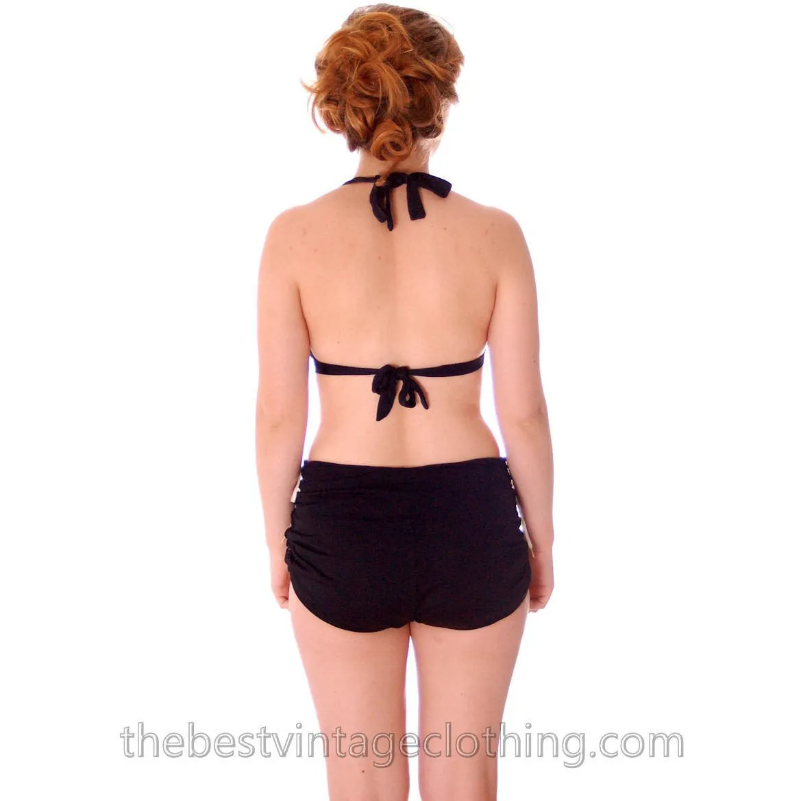 Vintage Swim Suit 1940s Bathing Suit 2 PC Bikini Early Black Rayon Lace Up