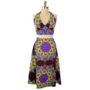 Vintage Womens 1970s  Skirt & Halter Top Colorful Boho M-L