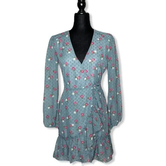 Wayf Eloise Long Sleeve Blue Mini Wrap Dress NWT