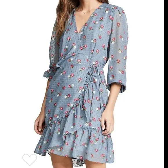 Wayf Eloise Long Sleeve Blue Mini Wrap Dress NWT