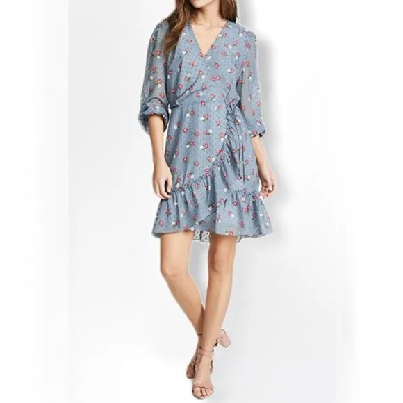 Wayf Eloise Long Sleeve Blue Mini Wrap Dress NWT