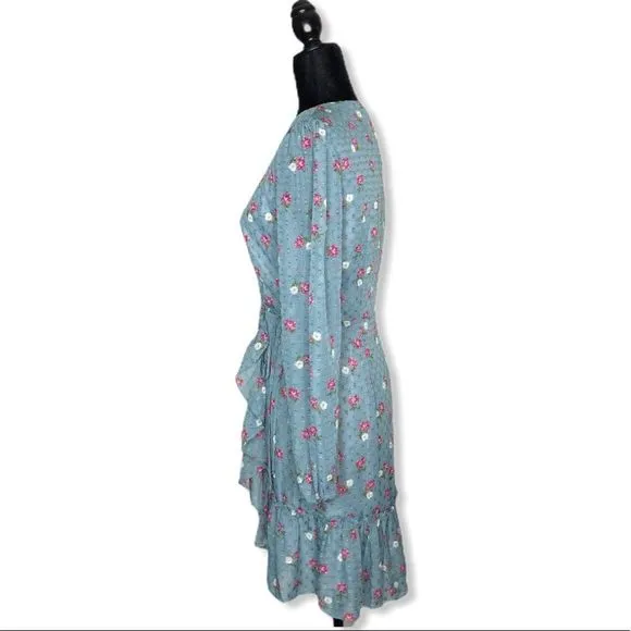 Wayf Eloise Long Sleeve Blue Mini Wrap Dress NWT