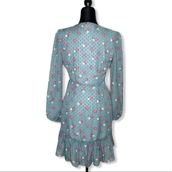 Wayf Eloise Long Sleeve Blue Mini Wrap Dress NWT