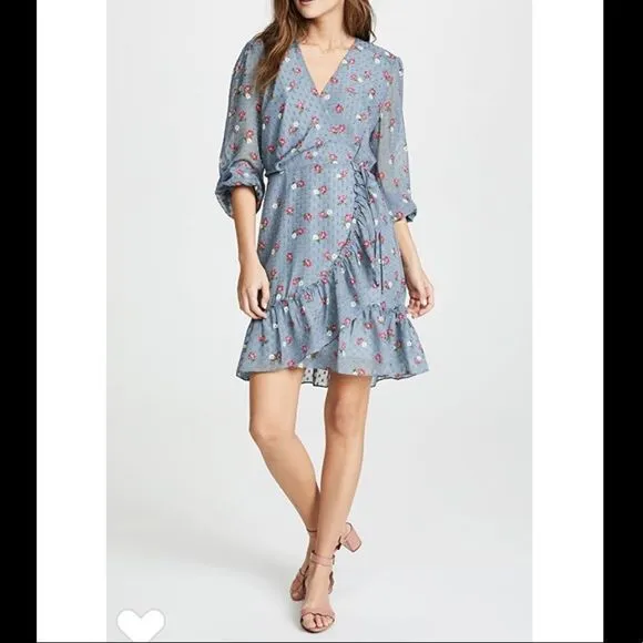 Wayf Eloise Long Sleeve Blue Mini Wrap Dress NWT