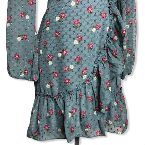 Wayf Eloise Long Sleeve Blue Mini Wrap Dress NWT