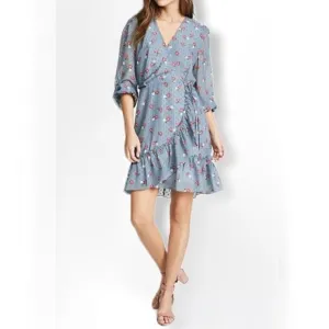 Wayf Eloise Long Sleeve Blue Mini Wrap Dress NWT