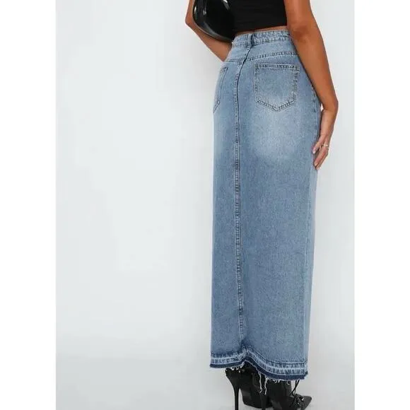 White Fox Denim Skirt Maxi Modest Small Blue Jean Western Vintage 90's Y2K