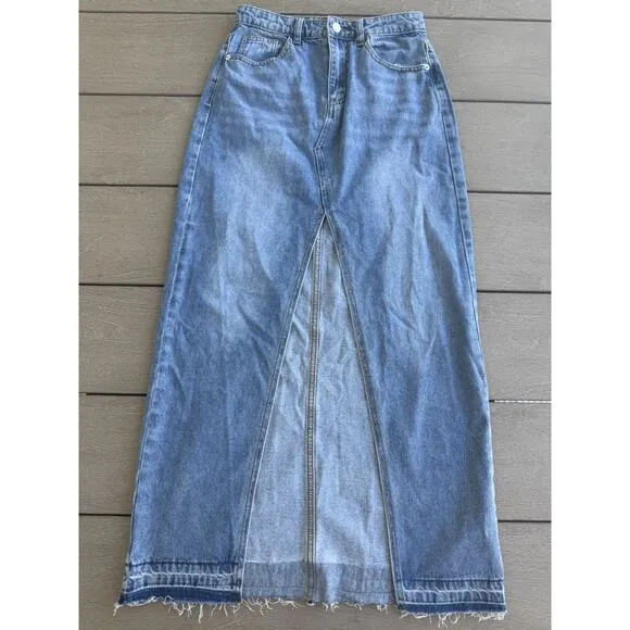 White Fox Denim Skirt Maxi Modest Small Blue Jean Western Vintage 90's Y2K