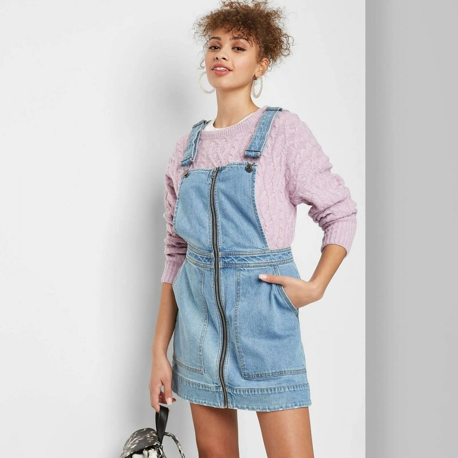 Wild Fable Women's Zip Front Square Neck Denim Pinafore Mini Dress