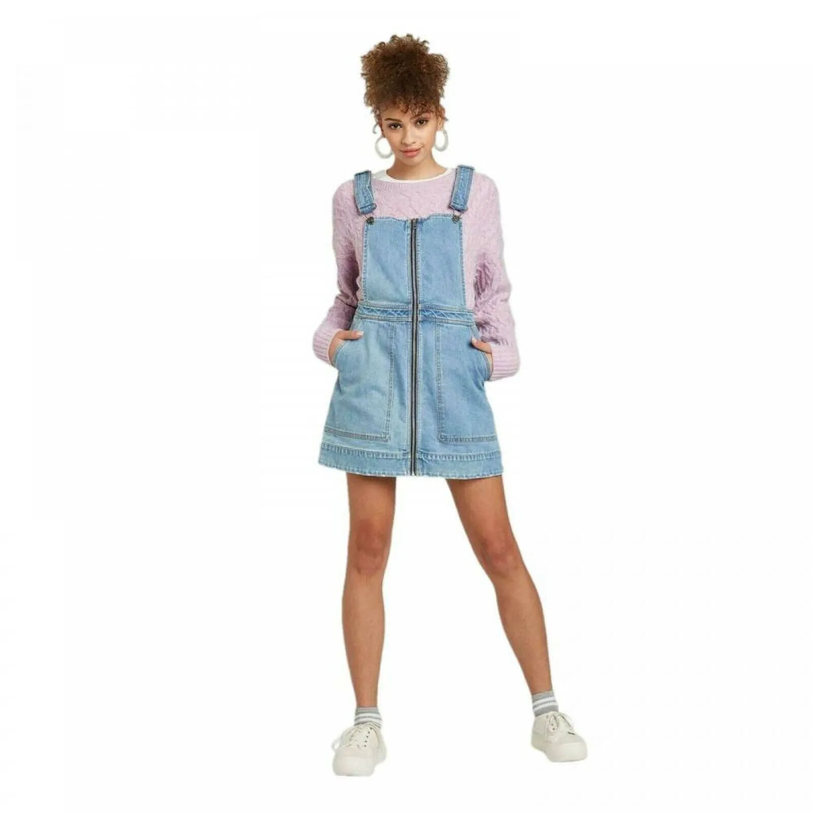 Wild Fable Women's Zip Front Square Neck Denim Pinafore Mini Dress