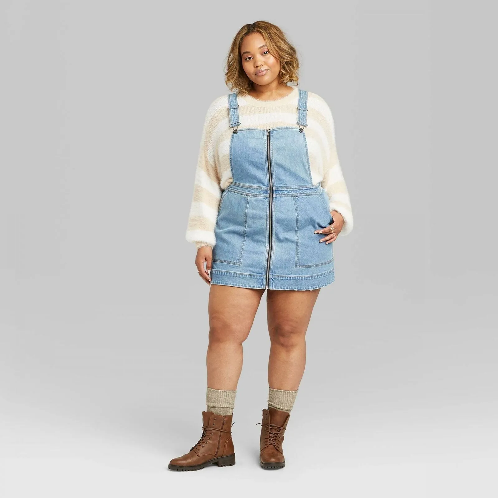Wild Fable Women's Zip Front Square Neck Denim Pinafore Mini Dress
